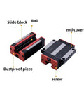 Precision Engineered Metal Linear Motion Guide Slider Rail Block Kit showing slide block, ball, end cover, and dustproof piece.