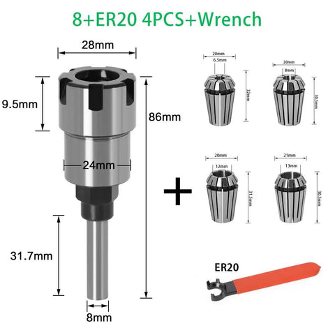 Premium 8mm And 4 Inch Shank Router Bit Extension Rod With Collet Engraving Machine Milling Adapter For Woodworking Projects Heavy Duty High Carbon Steel Design Fits Most Routers And Drill Presses Durable Long Life Wrench Set Included