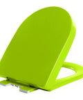 Premium White Oval Toilet Seat Featuring Heavy Duty Soft Close Action And Hassle Free Quick Release Hardware Crafted From Durable Polypropylene To Eliminate Loud Slamming Noise For Good, shown in vibrant green.