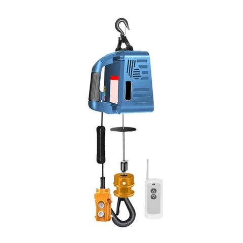 Heavy Duty 500kg Electric Hoist Cable Real Winch Lifter With Wireless Remote Control showing blue casing, hook and remote.