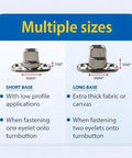Front view of two nickel-plated brass twist-lock fasteners with screws on packaging card, showing short and long base sizes.