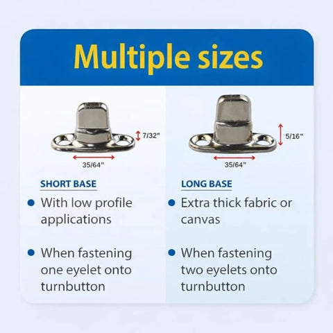 Front view of two nickel-plated brass twist-lock fasteners with screws on packaging card, showing short and long base sizes.