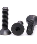 50 Pieces M5 X 30mm Flat Head Socket Cap Screws Black Oxide Finish 10.9 Grade Alloy Steel Full Thread Bolts displayed front and side