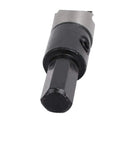 Pro Grade HSS Hole Saw Kit With Spring Loaded Twist Drill Bits, close-up of hex wrench end, 12mm Diameter, 14mm Cutting Depth