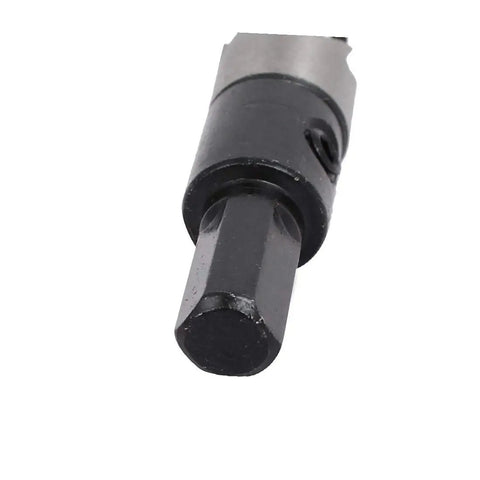 Pro Grade HSS Hole Saw Kit With Spring Loaded Twist Drill Bits, close-up of hex wrench end, 12mm Diameter, 14mm Cutting Depth