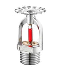 Five Piece Set Heavy Duty Downward Fire Sprinkler Heads Offering Automatic Spray Action For Quick Sixty Eight Degree Activation And No Fuss Plug And Play Commercial Or Residential Upgrades close-up of chrome sprinkler head with red glass bulb