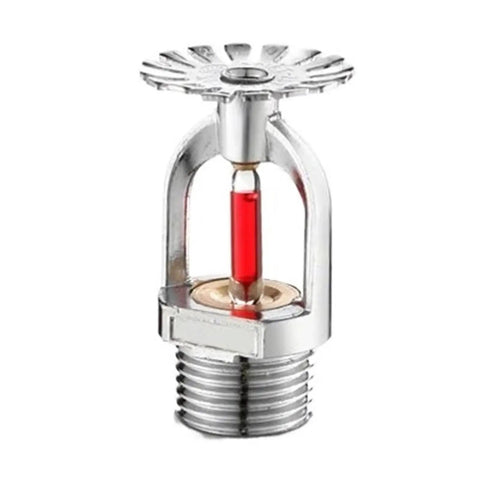 Five Piece Set Heavy Duty Downward Fire Sprinkler Heads Offering Automatic Spray Action For Quick Sixty Eight Degree Activation And No Fuss Plug And Play Commercial Or Residential Upgrades close-up of chrome sprinkler head with red glass bulb