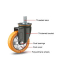 Heavy Duty Swivel Casters With Dual Lock Brakes 5 Inch PU Rubber Wheels 4 Pack for furniture, showing polyurethanes, threaded stem.