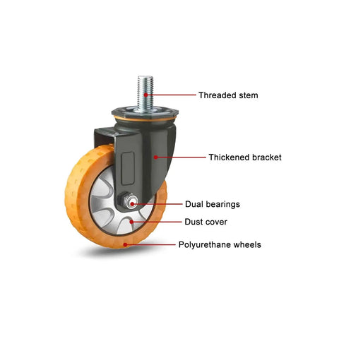 Heavy Duty Swivel Caster Wheels With Dual Lock Brake System Four Pack M20 Stem 150 Millimeter Rubber Treads showing threaded stem and thickened bracket.
