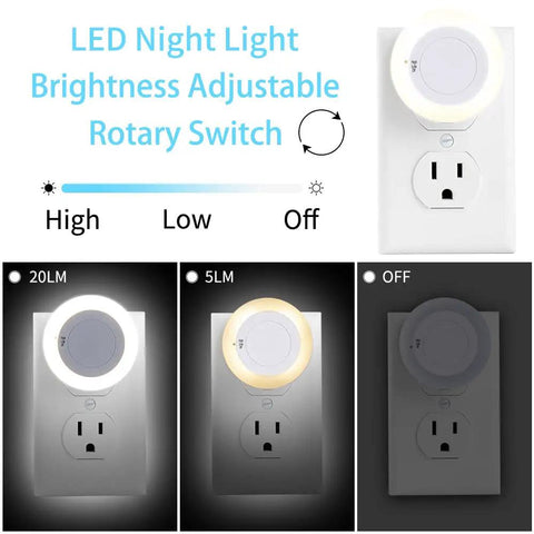 Manual LED Night Light With High Low Off Switch 20 Lumens Brightness Glare Free Warm White 3000K Indoor Night Light For Bathroom Hallway Bedroom Kitchen Energy Efficient ETL Listed 4 Pack showing brightness levels