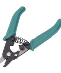 Heavy Duty 3 Hole Wire Stripper With Knockout Ergonomic Grip And Ridiculously Smooth Adjustable Aperture, green handles and spring design.