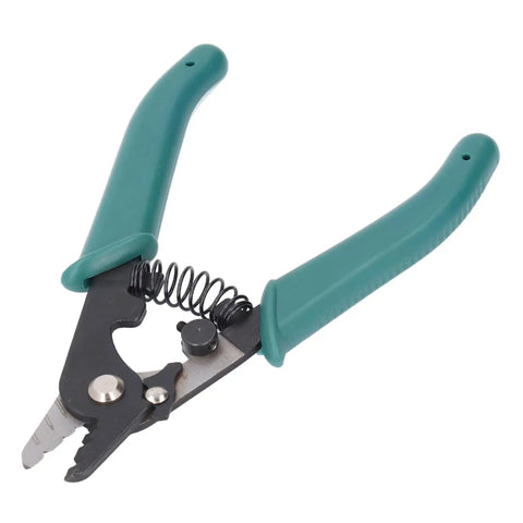 Heavy Duty 3 Hole Wire Stripper With Knockout Ergonomic Grip And Ridiculously Smooth Adjustable Aperture, green handles and spring design.
