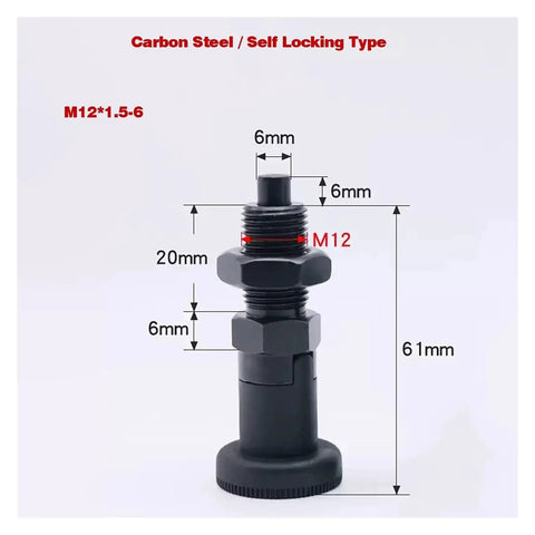 Tough As Nails 2 Piece Carbon Steel Self Locking Plunger Pins With Quick Release Spring Action For Bulletproof Indexing And Rock Solid Positioning In M10 M12 M16 M20 Projects, M12 size with detailed measurements.