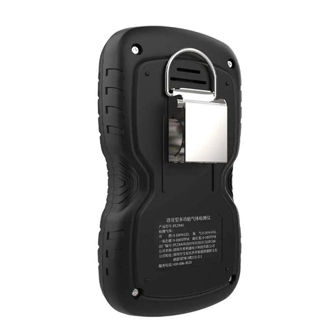Portable Four Gas Detector With Pro Grade Rechargeable LCD Display And Audible Alarm For Oxygen Carbon Monoxide Hydrogen Sulfide And Explosive Gases back view, black handheld