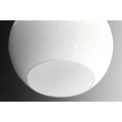 Glossy white globe detail of Carisa Three Light Chandelier In Brushed Nickel Finish With Glossy White Glass Globes For Modern Living And Dining Rooms Mid Century Revival Style For Home Decor