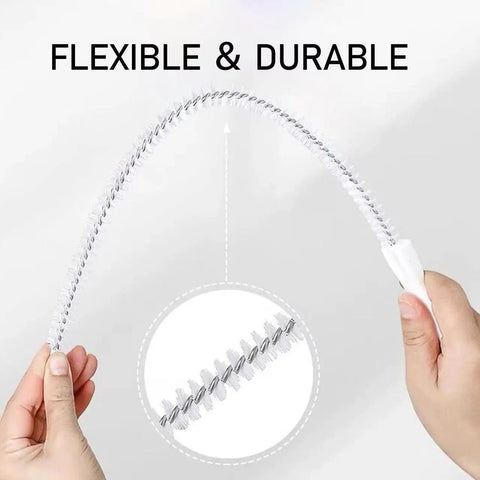 Pro Grade Drain Hair Remover Kit brush shown being flexed to demonstrate flexibility and durability, ideal for toilets and sinks.