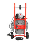 Professional Heavy Duty Automatic Drain Cleaner That Handles Rough Plumbing Like A Champ Features Reliable Auto Feed And Five Eighths Inch Pigtail Cable Made In Usa, showing machine with drum and wheels.