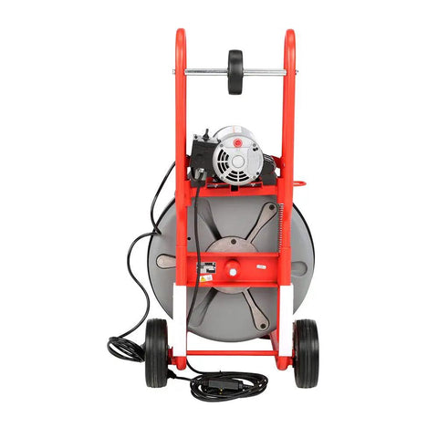 Professional Heavy Duty Automatic Drain Cleaner That Handles Rough Plumbing Like A Champ Features Reliable Auto Feed And Five Eighths Inch Pigtail Cable Made In Usa, showing machine with drum and wheels.
