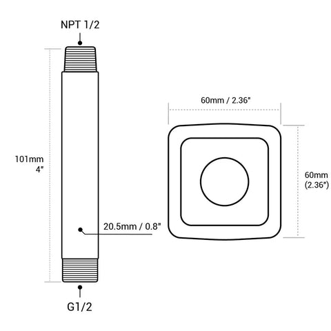 Dimensions diagram of Matte Black 4 Inch Stainless Steel Ceiling Mounted Shower Arm With Flange Extender For Rainfall Shower Head No Leak
