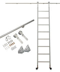 Smooth Operation Heavy Duty Stainless Steel Sliding Ladder Kit With Adjustable Barn Door Hardware For Library Or Attic Home Projects includes rails and pulleys.