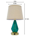 Blue Green Glass Table Lamp Set Of 2 With Fast 20W PD QC 3.0 USB C And USB A Chargers 3 Way Dimmable Touch Bedside Lamps, lamp dimensions labeled