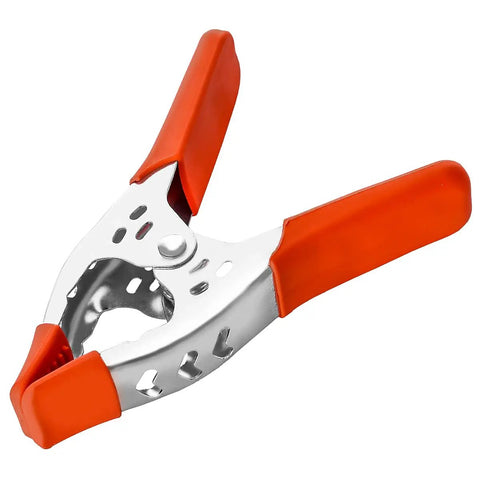 Close-up of a single clamp from Twenty Four Pack Of Heavy Duty Six Inch Spring Metal Clamps With 2.5 Inch Jaw Opening, Nickel Plated Steel.