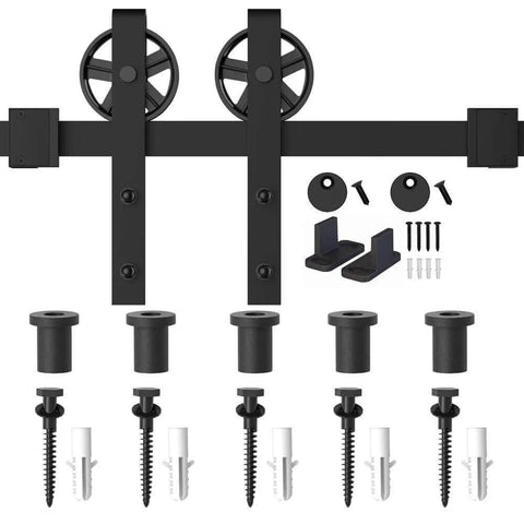 Heavy Duty Sliding Barn Door Hardware Kit Black 6 Ft Track System With Silent Glide Wheels Floor Guide Easy To Install components