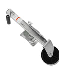 Heavy Duty 1500 Lb Trailer Jack With 6 Inch Dual Wheels Adjustable Swivel Base, galvanized steel construction, top view.