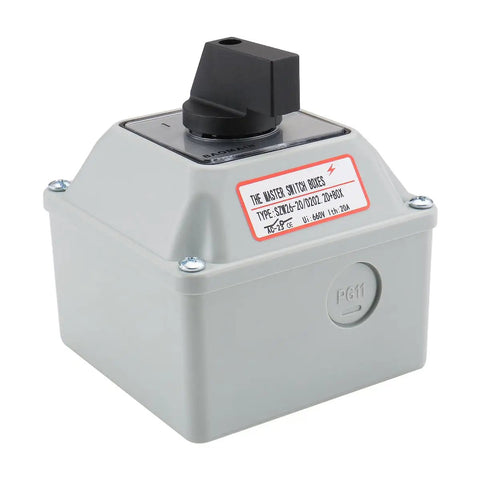 Universal Rotary Changeover Switch SZW26-20/D202.2D-W With Wider Master Exterior Box front view, showing control knob and label.