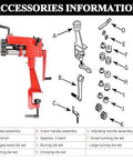 Diagram of 7 Inch Manual Sheet Metal Bead Roller With 6 Die Sets for edge beading, swaging, and component parts labeled A to K.