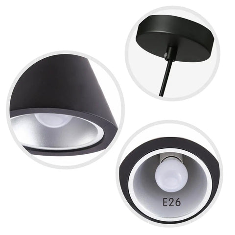 Close-up views of Industrial Adjustable Pendant Light Matte Black 3 Lamp Dope Retro Vibe Vintage Cone Fixture details.