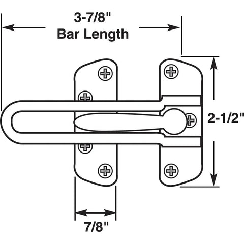 Diagram showing dimensions and details of Built Like A Tank Swing Bar Door Lock For Hinged Entryways Secondary Security Latch.