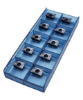 APKT1003PDSR30 CNC Carbide Milling Inserts For Metal Cutting Indexable Tools For Square Shoulder Milling 10 Pack in a blue case.