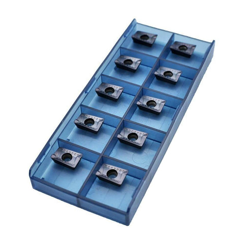 APKT1003PDSR30 CNC Carbide Milling Inserts For Metal Cutting Indexable Tools For Square Shoulder Milling 10 Pack in a blue case.