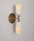 Alabaster Wall Sconce Lighting, Brass Wall Light Fixture with Natural Stone Shade, double cylinder design on wall.