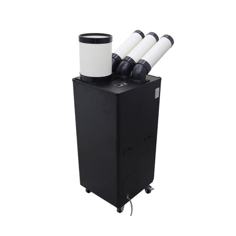 Heavy Duty Outdoor Industrial Air Conditioner Featuring Extendable Exhaust Hose For Shops And Warehouses Pumping Out Serious Chill Throughout The Summer Season In Sleek Black Finish, with four extendable vents.
