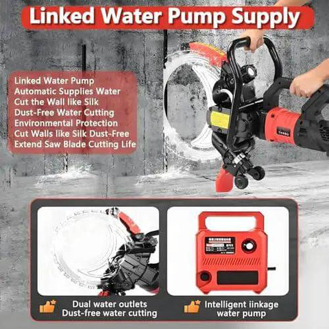 Heavy Duty 16 Inch Wet Saw With Intelligent Water Pump And Dust Control Gear For Concrete Stone And Rebar Walls Electric Groove Machine showcasing linked water pump supply and cutting features.