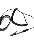 Extendable ESD Wrist Strap With Alligator Clip Grounding Wristband, black PU material, coiled extra long cord visible.