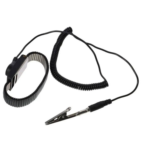 Extendable ESD Wrist Strap With Alligator Clip Grounding Wristband, black PU material, coiled extra long cord visible.