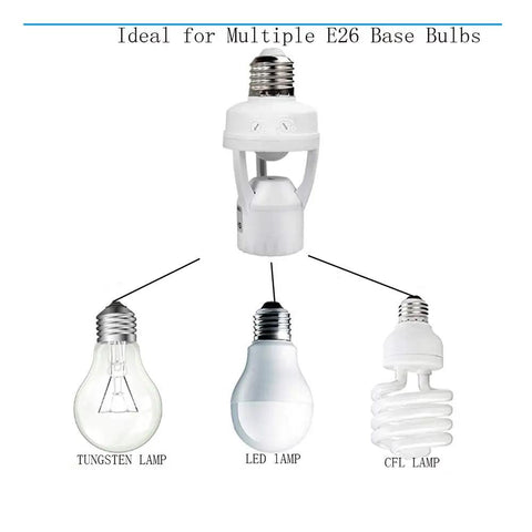 Motion Sensor Light Socket With E26 Screw Bulb Adapter Auto On Off Night Light PIR Smart Sensor Bulb Adapter For Storage Rooms And Garages Easy Install Works With E26 And E27 Bulbs showing E26 bulbs, LED and CFL