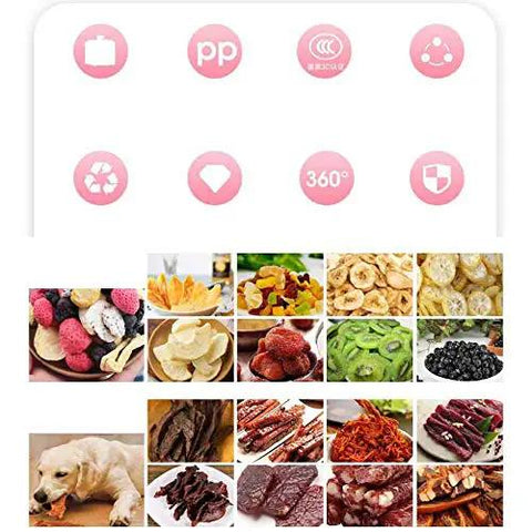Icons representing features of the Dang Sweet Compact 5 Tray Food and Pet Dehydrator Machine with food samples and a dog.