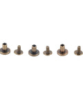 Forty Brass Flat Head Button Studs Feature Screw On Chicago Screws Ideal For Rugged Leather Belt Bag Shoes And Bookbinding Work Gives Badass Grip Quality With Slick Rust Shield Plating Comes In 5 6 5 And 8 Mm Fits, showing various sizes of brass screw rivets.