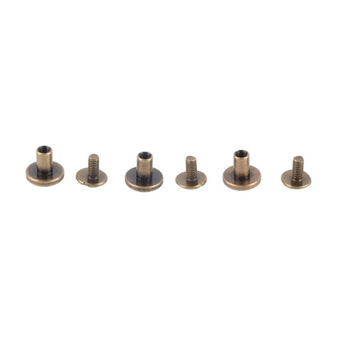 Forty Brass Flat Head Button Studs Feature Screw On Chicago Screws Ideal For Rugged Leather Belt Bag Shoes And Bookbinding Work Gives Badass Grip Quality With Slick Rust Shield Plating Comes In 5 6 5 And 8 Mm Fits, showing various sizes of brass screw rivets.