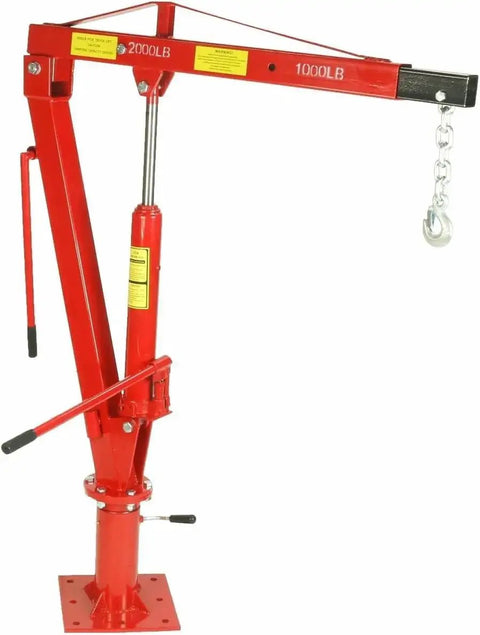 Hydraulic Engine Hoist With Swivel Base And Foldable Davit Design For Pickup Trucks Built Heavy To Haul Three Ton Capacities Without A Sweat Including Chain Hook And Winch, red metallic finish.