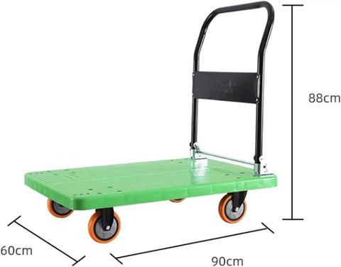 Foldable Flatbed Cart With A Rock Solid Textured Metal Platform And Grippy Four Wheels for easy transport of tools, 60x90cm.