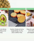 Fruit prep tool set with pineapple corer and slicer, apple cutter and corer, and 3-in-1 avocado tool; stainless steel kit.