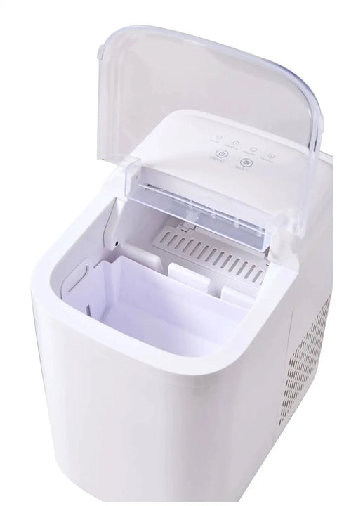 Compact Countertop Ice Maker Whips Up 26 Pounds Of Quick Bullet Ice Daily Featuring Foolproof Controls And Lean Frame opened lid view with ice container.