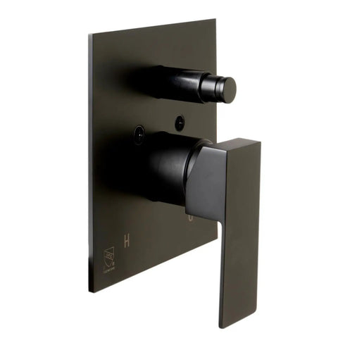 HomeStock Black Matte Shower Faucet System with Pressure Balance Valve and Single Lever Handle, close-up view of the handle.