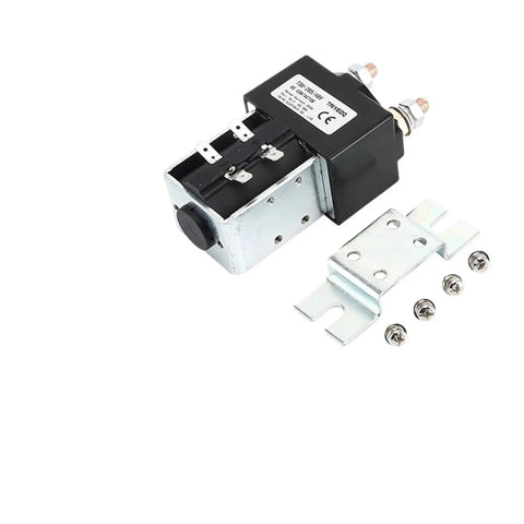 Hefty 300 Amp DC Contactor Switch TSU 285 Built Like A Tank For Cars And Electric Forklifts Featuring One Normally Open Terminal Suited For 12V 24V 48V Electrical Systems, metal casing, connection terminals visible.
