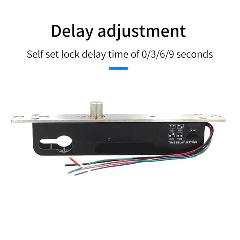 Heavy Duty 12V And 24V Electronic Drop Bolt Lock With Quick Manual Override Cylinder Normally Open Gate Deadbolt showing delay adjustment features.